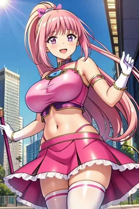 (masterpiece, best quality:1.2), 1girl, solo,anime girl, pink costume, crop top, midriff, navel, miniskirt, thighhighs, pink female  girl, pink hair, long hair, ponytail, fine details. anime. , large breasts,  smile, city