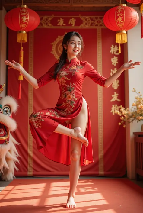 standing split， masterpiece,  high quality ,  Best Quality , Aesthetic ,  masterpiece,  Best Quality ,  Very beautiful , Ridiculous,  very detailed , A beautiful woman wearing a traditional red cheongsam celebrating the new year,  surrounded by bright red ...