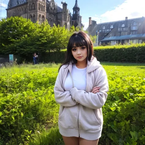 a woman in a hoodedie standing in a field, bangs, black hair, brown eyes, ahoge, outdoors, cloud, blunt bangs, border, crossed arms, clock, tower