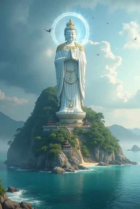 ** Promt for the SeaArt :**  

" fascinating realism with a light mystical atmosphere .  The main object :  Mount Linh Ung Tu  ( height 693 m )  on the Son Tra Peninsula ,  towering over the ocean .  Create an epic realist landscape with elements of scienc...