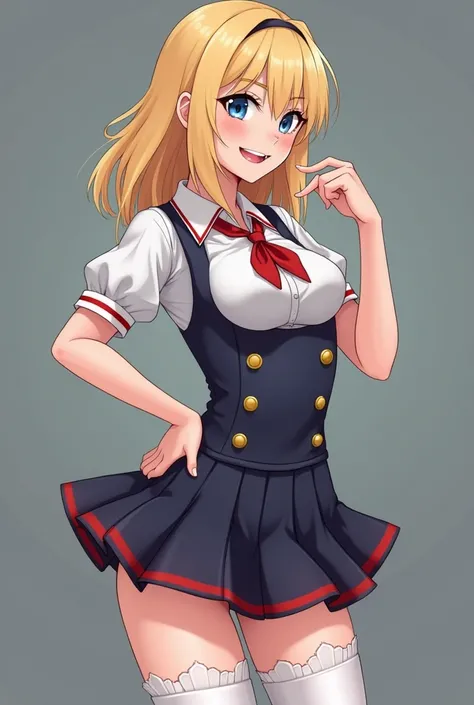 Generate a girl of about 25 years old, Blue-eyed blonde with beautiful smile, That she has a rather provocative schoolgirl costume and that she has garter holders and that her skirt is short enough to show her tail and shirt well cut and to bite her finger...