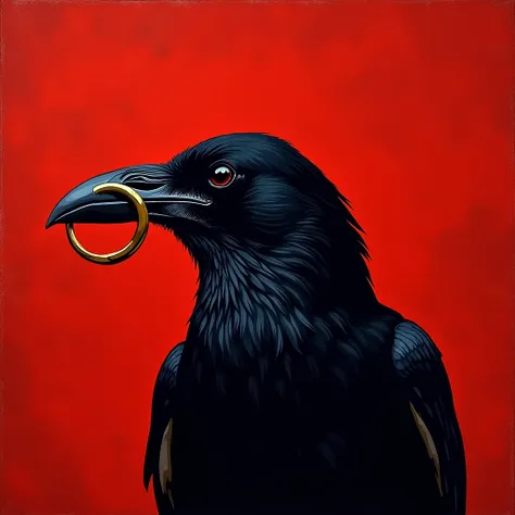  Description to create a painting : vector raven with a ring in its beak:  Draw a vector crow with an emphasis on its beak.  The raven should be in profile or slightly rotated , ,  theme so that the beak is clearly visible .  Use black for the body crow wi...