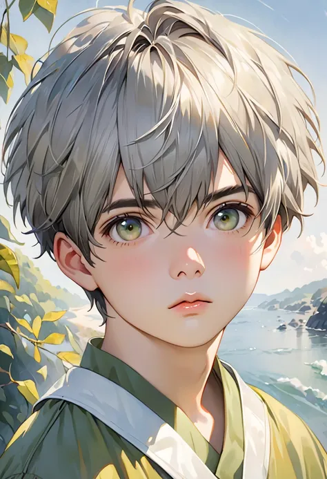 Portrait of a cute boy, 5〜,  gray hair , Short Hair, Large dark green eyes, Plump, arched lips,  light yellow jumpsuit,  realism, watercolor, 4K,  high detail