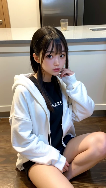 (Beautiful  Japanese girl),  cute face, ( Deeply Carved Face:0.7), Soft light, healthy white skin, shy,  ponytail, ( serious face), (Sparkling Eyes), thin,straight bangs, black hair, oversized hoodie, hotpants, bust up, lori, sitting,round face,The hand at...