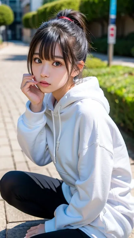 (Beautiful  Japanese girl),  cute face, ( Deeply Carved Face:0.7), Soft light, healthy white skin, shy,  ponytail, ( serious face), (Sparkling Eyes), thin,straight bangs, black hair, oversized hoodie, hotpants, bust up, lori, sitting,round face,The hand at...