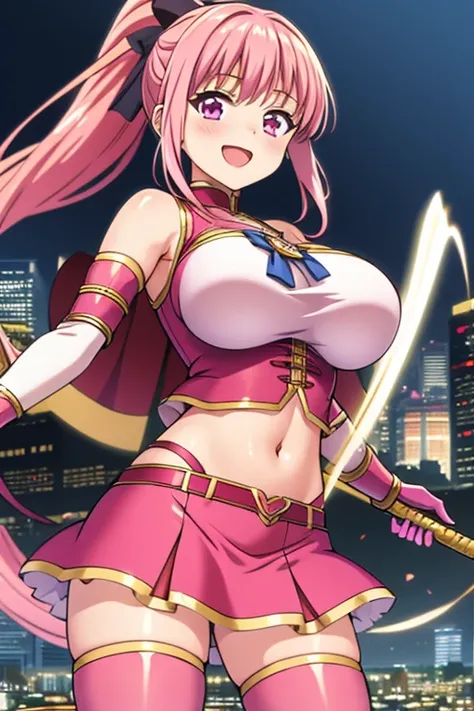 (masterpiece, best quality:1.2), 1girl, solo,anime girl, pink costume, crop top, midriff, navel, miniskirt, thighhighs, pink female  girl, pink hair, long hair, ponytail, fine details. anime. , huge breasts, holding weapon, smile, city