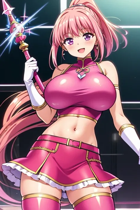 (masterpiece, best quality:1.2), 1girl, solo,anime girl, pink costume, crop top, midriff, navel, miniskirt, thighhighs, pink female  girl, pink hair, long hair, ponytail, fine details. anime. , huge breasts, holding weapon, smile, city