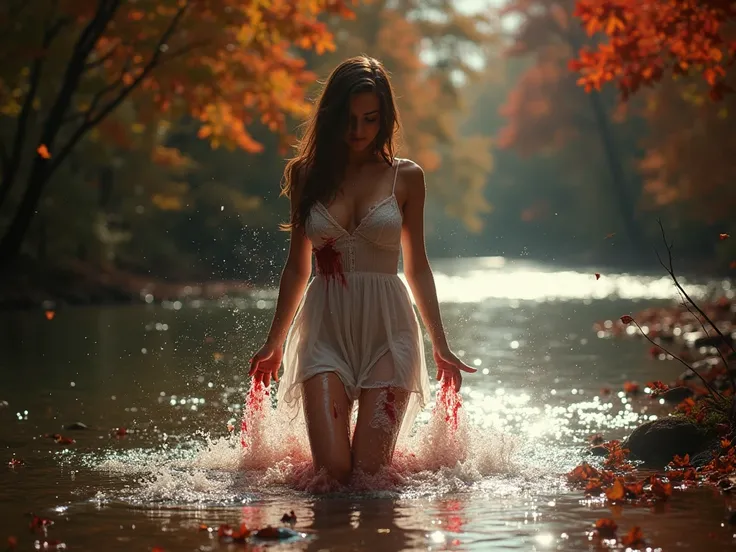 A full shot of a beautiful murderer in front lighting, 8K. It's a sultry day of September and it's sunny but dark clouds above. Leaves of maples and wax trees in the forest turned orange and red on the both side of a untamed creek. Leaves are falling danci...