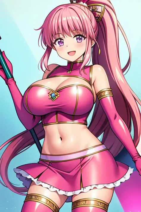 (masterpiece, best quality:1.2), 1girl, solo,anime girl, pink costume, crop top, midriff, navel, miniskirt, thighhighs, pink female  girl, pink hair, long hair, ponytail, fine details. anime. , huge breasts, holding weapon, smile, palace