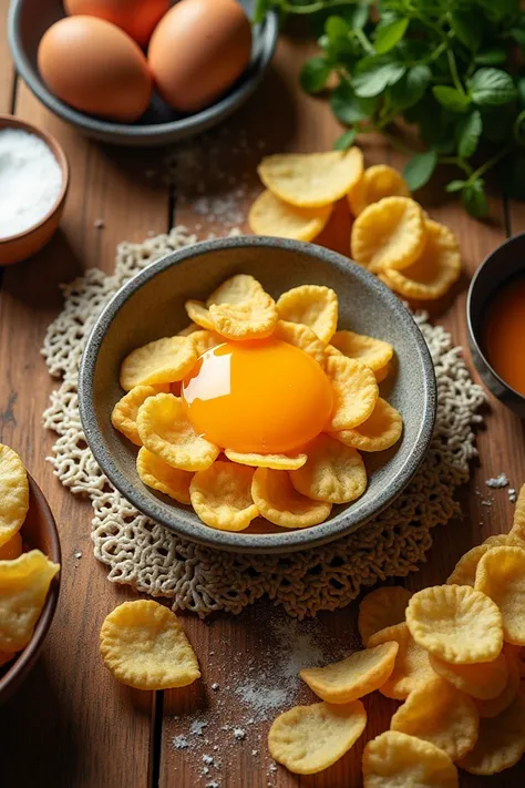 Create for a pastry table being looked at from above where there is a bowl and chips and eggs on the table to make the pasta