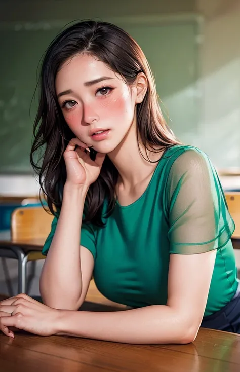 女性 teacher  , Green clothing , 
(((masterpiece))), ((  top quality)), (( 複雑な Details)), ((  super realistic realism )), ,  mature women,   mature women,   see through,    High Definition  , illustration, 1人の mature women,    perfect hands ,   Details,  美しい...