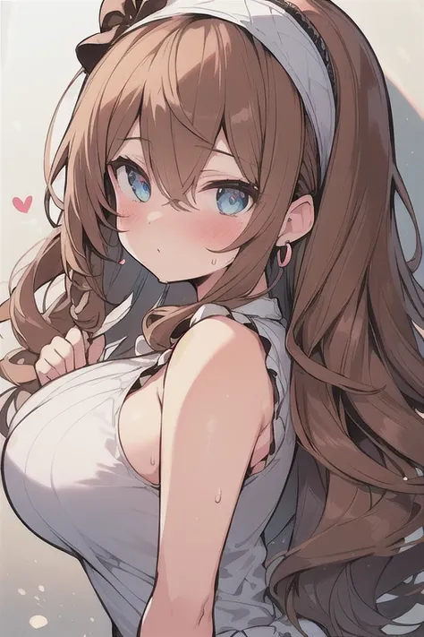 ( of the best quality ), ( Super detailed ), ( best illustration), (),  look at the viewer , from the side, ( sleeveless top ), (large breasts:1.2), { brown hair, (bean cut:1.2),  Curly hair ,  hair between eyes}, {( detailed eyes ), heart-shaped pupils , ...