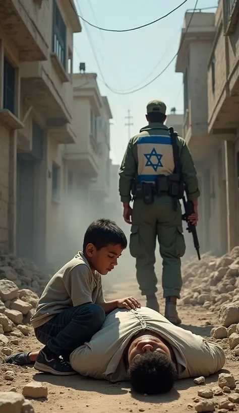 In a destroyed Palestinian neighborhood, a young boy kneels beside the lifeless body of his father, who was shot by an Israeli soldier during an eviction. The soldier, with the Israeli flag prominently displayed on his uniform, stands coldly in the backgro...