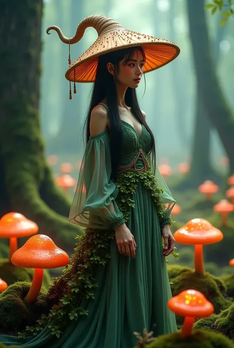 Fantasy forest scene,  girl, otherworldly lighting, nature spirit, mushroom hat, glowing orange mushrooms, flowing dress covered with moss and vines, Asian inspired features, foggy atmosphere, magical realism, intricate details, vibrant colors, digital art...