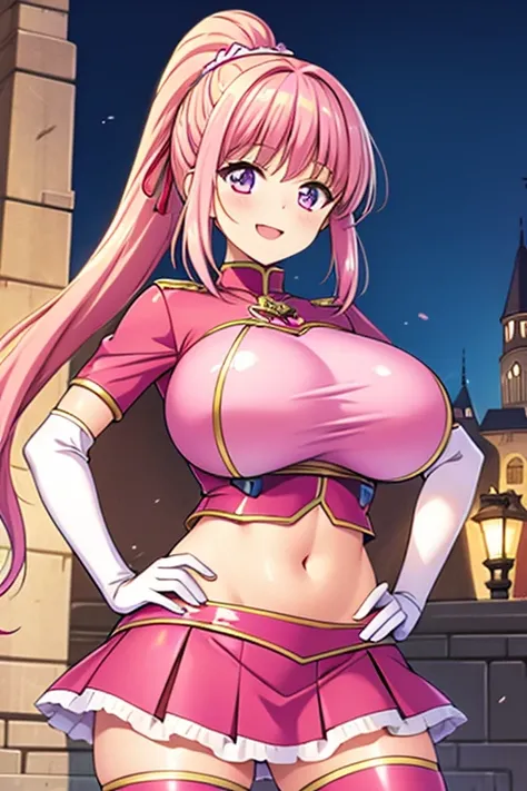 (masterpiece, best quality:1.2), 1girl, solo,anime girl, pink costume, crop top, midriff, navel, miniskirt, thighhighs, pink female  girl, pink hair, long hair, ponytail, fine details. anime. , huge breasts, hands on own hip, smile, castle