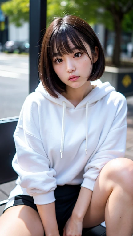 (Beautiful  Japanese girl),  cute face, ( Deeply Carved Face:0.7), Soft light, healthy white skin, shy, Bob, ( serious face), (Sparkling Eyes), thin,straight bangs, black hair, oversized hoodie, hotpants, bust up, lori, gym sitting ,round face,The hand at ...