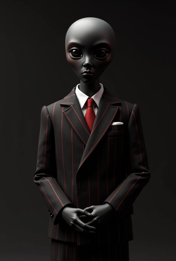 " Generate an image of a dark-skinned puppet, wearing a black suit and red stripes on the suit ."