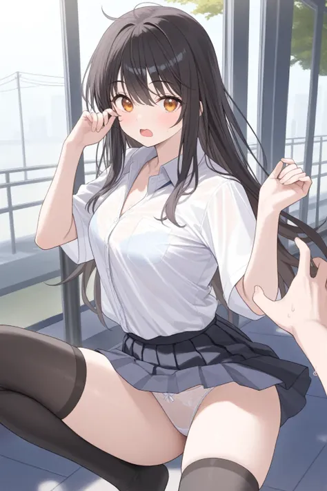 Alone, black hair,  long hair,  amber eyes,  Outfit Shirt,   navy blue pleated skirt　 Waking up、(I'm surprised to see viewers)、 white panties （（ See Through Her Panties ）） black knee-high socks、( top quality),( ultra detail),( Extremely Detailed and Beauti...