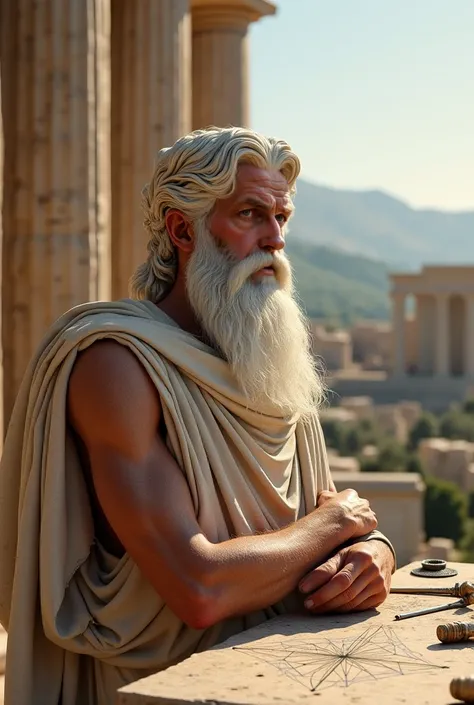 An ultra-realistic, lifelike portrait of Pythagoras, the ancient Greek philosopher and mathematician, captured with incredible detail. His face is finely aged, with deep wrinkles and a long, flowing white beard, exuding wisdom and reflection. The texture o...