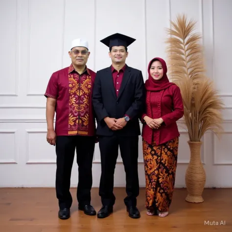 Photo of Indonesian family, three members.
A graduating man wears a black color watch suit with daleman red maroon shirt, wears a toga hat standing in the middle, father wears a batik shirt typical solo jawa indonesia color maroon with black pants and blac...