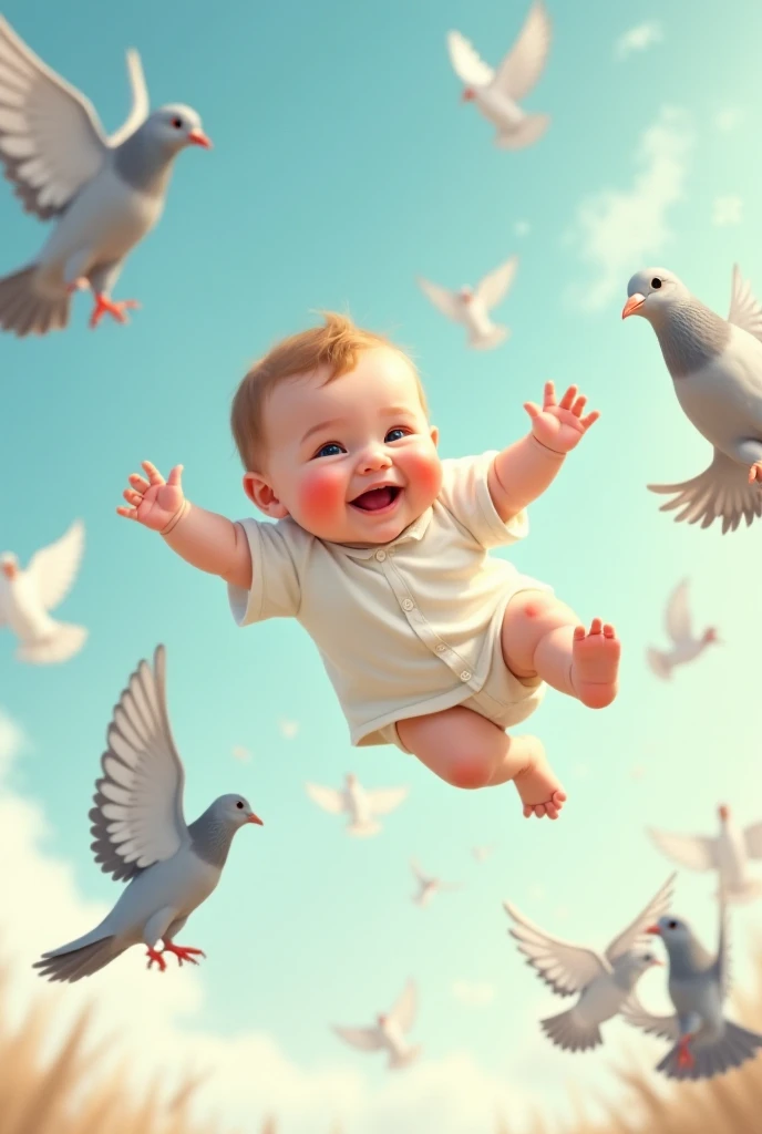 Baby flying with pigeon and laughing