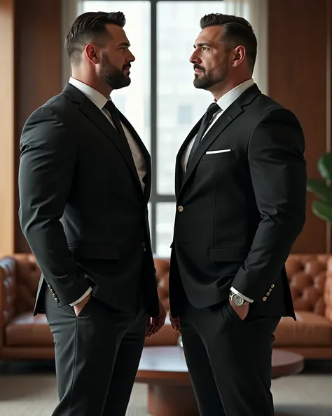 Adult men in their 40s. Identical beautiful. BIG AND MUSCULAR . suit dress. Millionaire bosses 