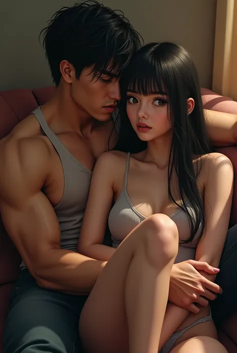 A girl with black long straight hair with bangs, looking sexy A boy with black messy hair, muscular and big. The girl is sitting on his laps on the couch. Realistic image.