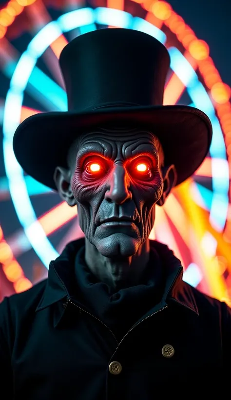 A close up of ringmaster ghostly look standing in front of a glowing Ferris wheel...looking straight Into camera...face with glowing eyes, little red scar marks on face a bit aged face and wearing a big hat 