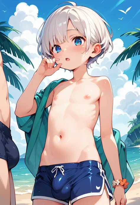 1boy, shota, white hair, blue eyes, short hair,beach, blush, open mouth, huge penis, legs open, tight shorts, (bulge:1.6), naked, showing his cute little butt, stripping his clothes, oral, oral sex