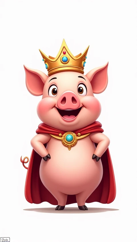 Pig cartoon 2d,  Happy with crown and king's cape, Standing and white background 