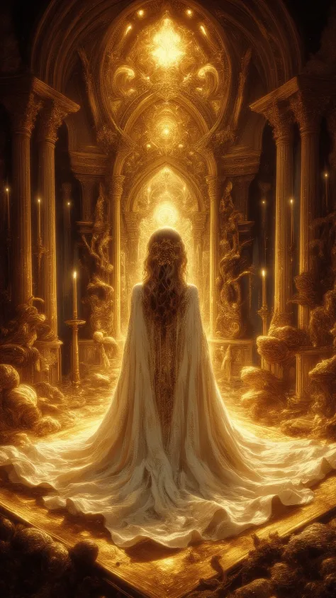  A brunette girl in a long white dress,  she sat in the middle of a large golden palace, Closed on all sides , In addition to the illuminated palace,It's dark all around ,  The corner is above and behind the girl 