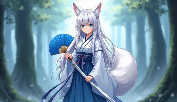 퀄리티, art best 1((girl)), ((female)), ((anime)), ((detail)), ((whole body)), she is a ((20s old)), she has beautiful ((blue eyes)), ((smile)), white long hair, ((with white fox tails)), ((holding a long sword and a blue fan)), ((white hanbok)), ((standing i...