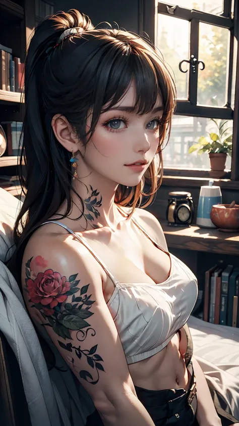  body tattoo 、There&#39;woman with flowers in hand, album art, Realism art,  sitting on a very relaxing , Art Cover, Realism art style, album,  Realistic Art ,  Official Artwork, Realism artstyle, music album art,  author： Adam Dario Kiel ,  Realistic Art ...