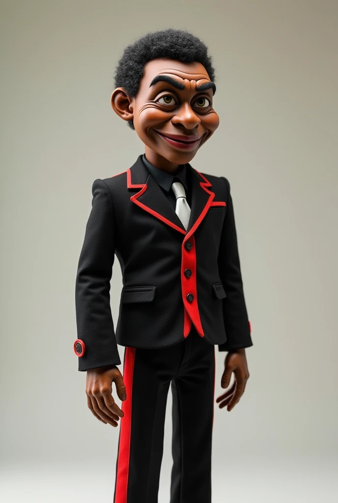 "Generate an image of a humanoid puppet with cartoonish features, dark-skinned, dressed in a black suit and red stripes on the suit."