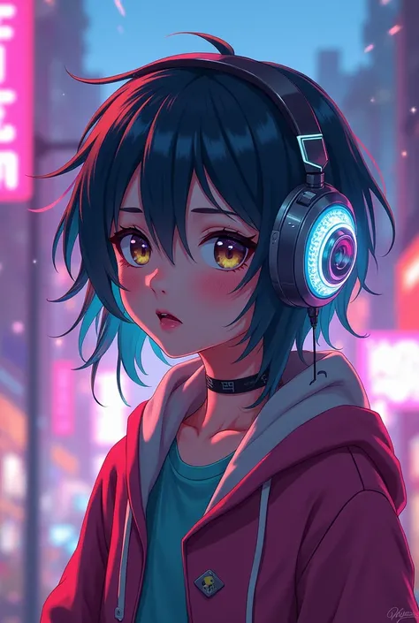 Create an anime character with headphones 