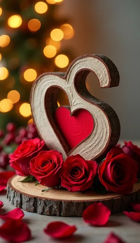 "Create a decorative arrangement featuring a large, wooden-textured letter 'S' with a rustic finish placed on a wooden log base. The letter should have a red heart embedded in its center, surrounded by vibrant red roses. The background should feature golde...