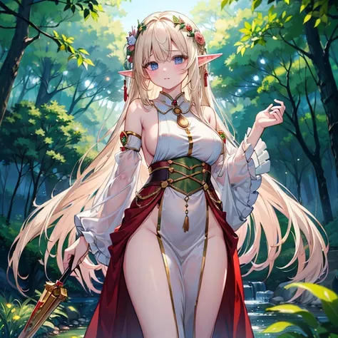 (( top quality))、((masterpiece))、( Details)、( Ultra High Resolution)、  cute girl、 pees on a very young 、
(Shine、 very long straight hair)、 big breasts、
(((Elf costume)))、
whole body、 standing、( cowboy shots 1 and 3)、
 beautiful forest、 professional lightin...