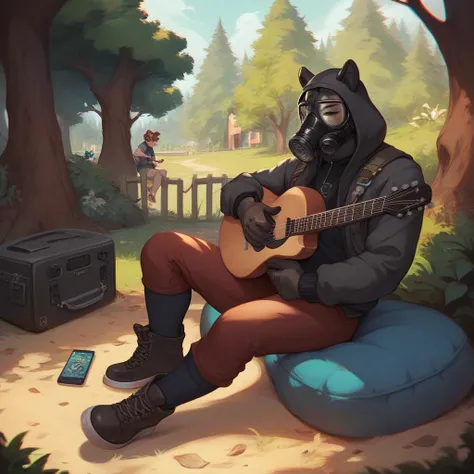 a loner with his gas mask from the S game.t.a.l.k.and.R. Sitting playing a guitar around a bonfire