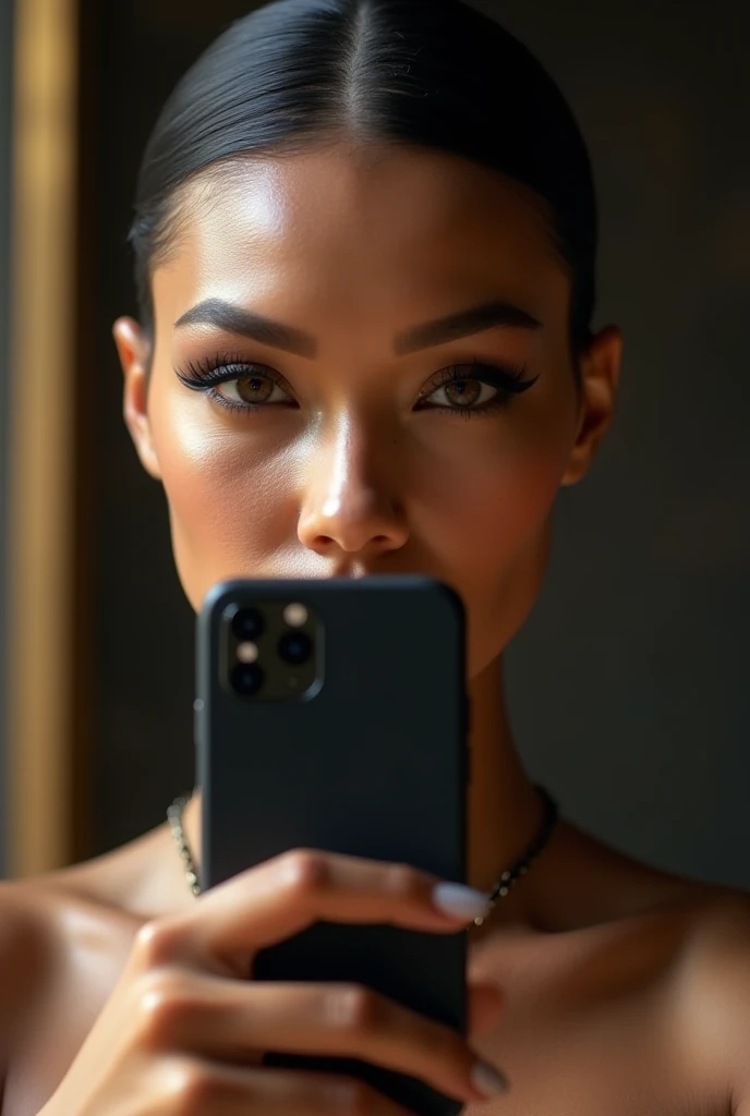 Miss with blocked Egyptian features, imagine a selfie with an iPhone and a black version