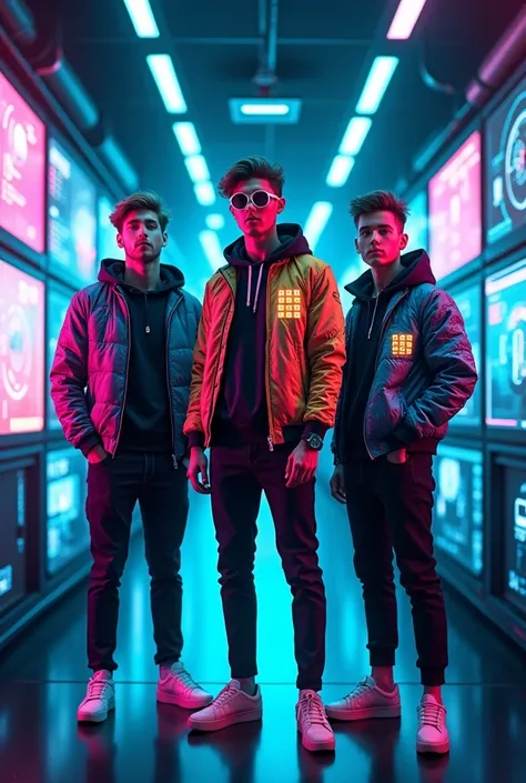 "A group of three young men, aged 20-30, standing energetically in a futuristic cyber lab, radiating creativity and innovation. They are dressed in trendy, modern outfits: slim-fit trousers, colorful smart jackets with glowing tech patterns, and unique acc...