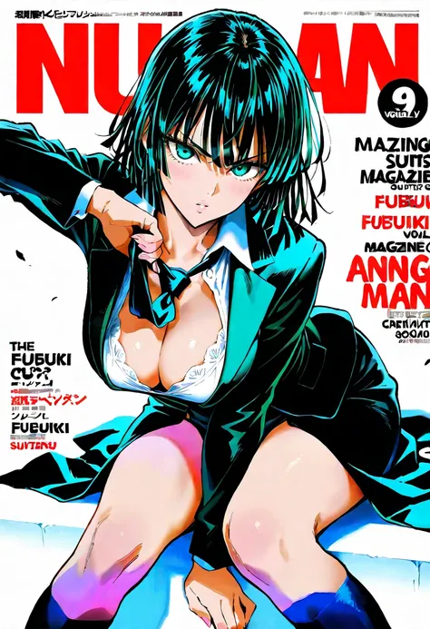 Fubuki, one punch man, suits, necktie, cleavage, magazine cover, white background, pose, hands between legs, masterpiece, best quality, amazing quality, detailed background, intricate details