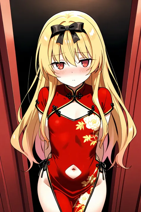 NSFW,masterpiece, top quality, high resolution, very detailed,Yue\(arifureta: from common to world's strongest\), blonde, red eyes, Red China Dress,Belly button cut, are sexually harassed