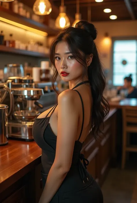 Taiwanese beauty wearing sexy apron ， She has a full body 。 She is standing in front of the bar counter of a cafe，Make coffee 。，Very huge breasts,thin waist, Rich Details ，meticulous