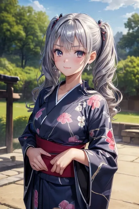  photo shoot, (( one girl)), ((baby face:1.4)), ((cute:1.4)), (( middle school student of luck:1.4)),  
break  

((Black yukata))、(Colorful floral pattern)、( traditional Japanese kimono in a Japanese garden), 
(( Silver Star Earrings )), (( black choker)),...