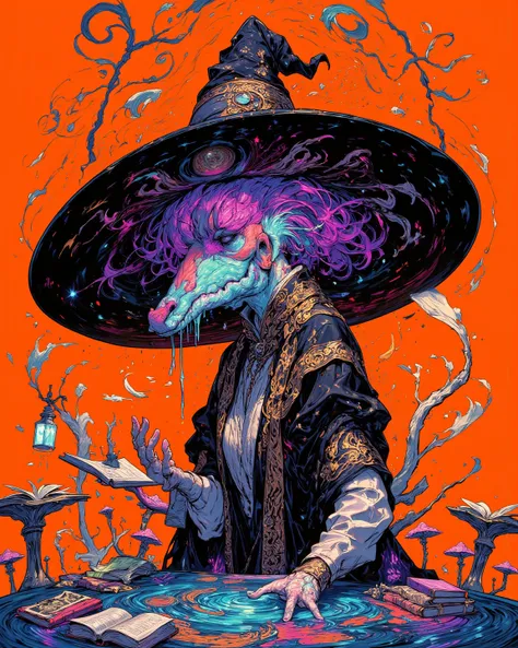  by an old magician's mentor spiritual art, huge hat that completely hides the face of a witch ,Big Hat, giant pointy hat , gold embroidery on a black stole , jet black dress like a mourning suit , a witch's surreal colorful fantasy pop art , sacred geomet...