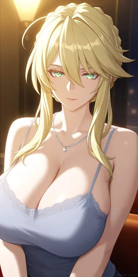 masterpiece, best quality, mature woman, milf, blonde hair, Artoria pendragon (lancer), camisole, honkai: star rail cg style, upper body, dynamic lighting, large breast, 