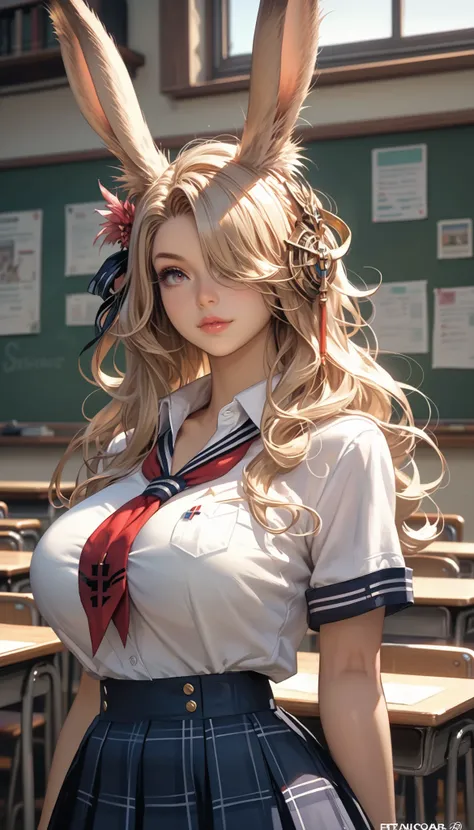 Final Fantasy Style , Takahashi Kazunari's masterpiece, Depiction of a face expressed down to the smallest detail, Detailed Eyes 、Detailed faces、Hair drawn down to the smallest detail 、Solo Female Viera , (( high school girl, is wearing a school unif...