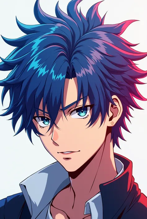 Create a male anime character with short, multi-colored hair 