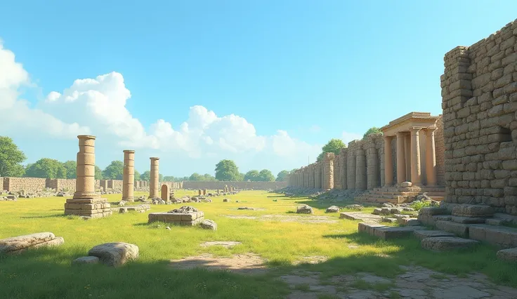 "Create a realistic depiction of the Jandial Temple, an ancient archaeological site in Taxila, Pakistan, under a clear blue sky. The scene should feature a grassy expanse with scattered stone ruins representing the remnants of classical Greco-Bactrian arch...