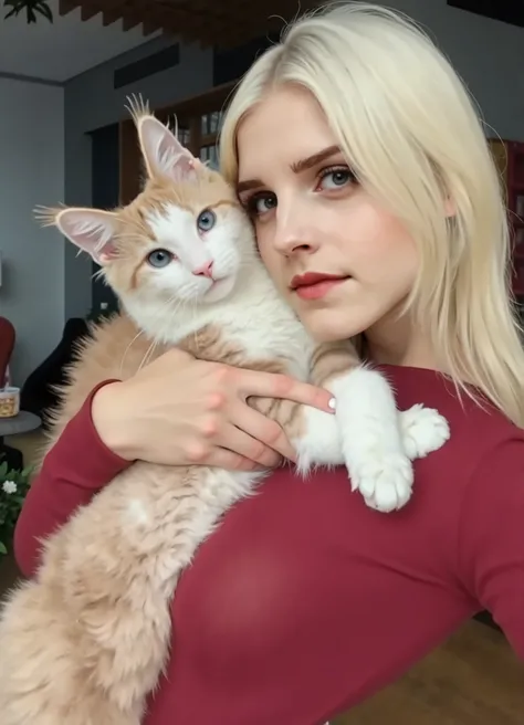 blond woman holding a cat in her arms in a living room,  Copesh and shield holding ,  Reddit ,  Furry Art, human  cat hybrid , woman /  cat hybrid ,   very beautiful cute catgirls, anna nikonova（ also known as New Milky ）,  She is holding a cat in her arms...